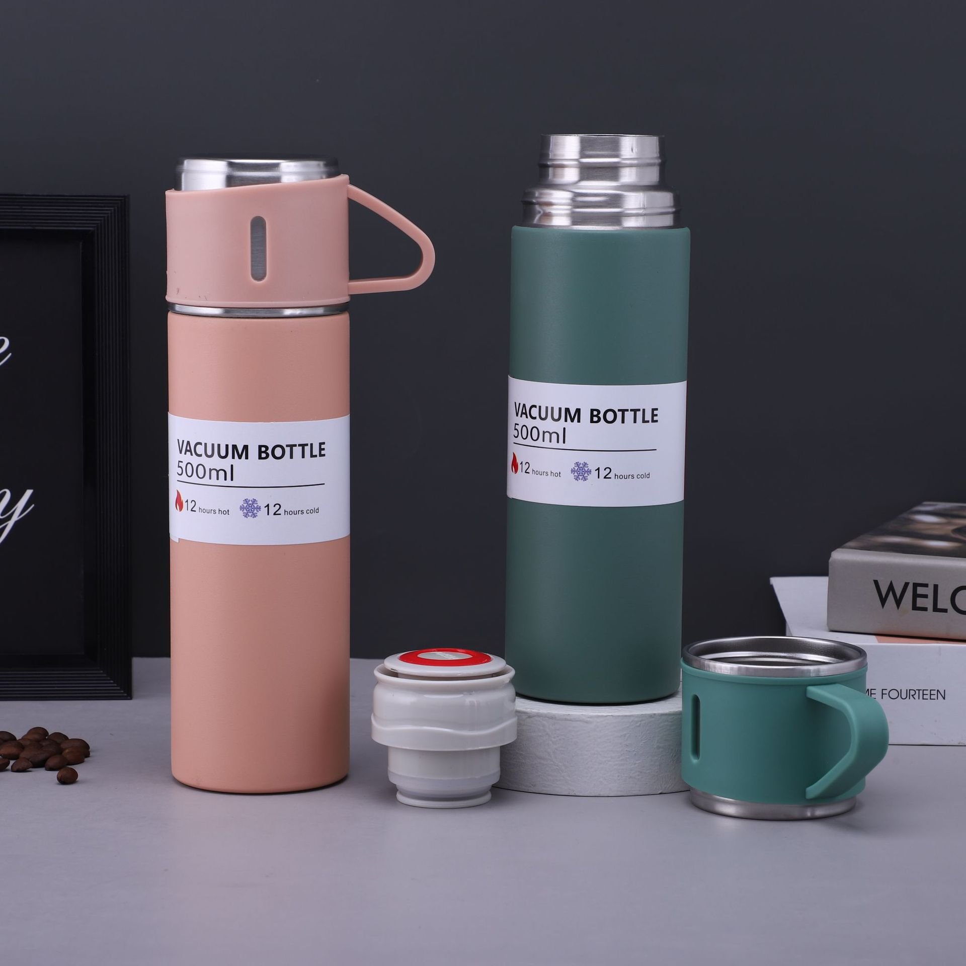 Business Gift 500Ml Green Drinking Vacuum Coffee Drinking Insulated Thermos Stainless Steel Flask Water Bottle with 3 Cups