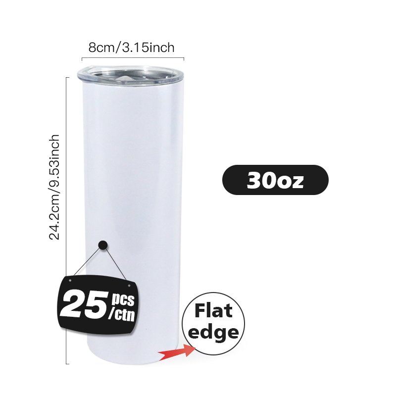 USA China Warehouse 30oz flat edge tumbler sublimation blanks stainless steel straight water bottle with plastic lid