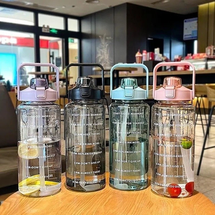 JM 2000ml Transparent PC Water Bottle Plastic Sports Water Bottle for Sports Outdoor Straw Cup with Scale