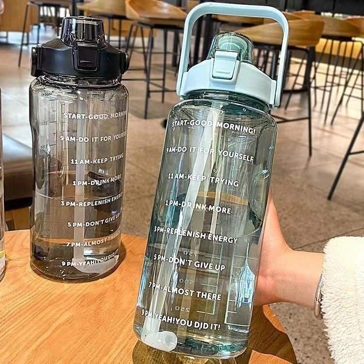 JM 2000ml Transparent PC Water Bottle Plastic Sports Water Bottle for Sports Outdoor Straw Cup with Scale