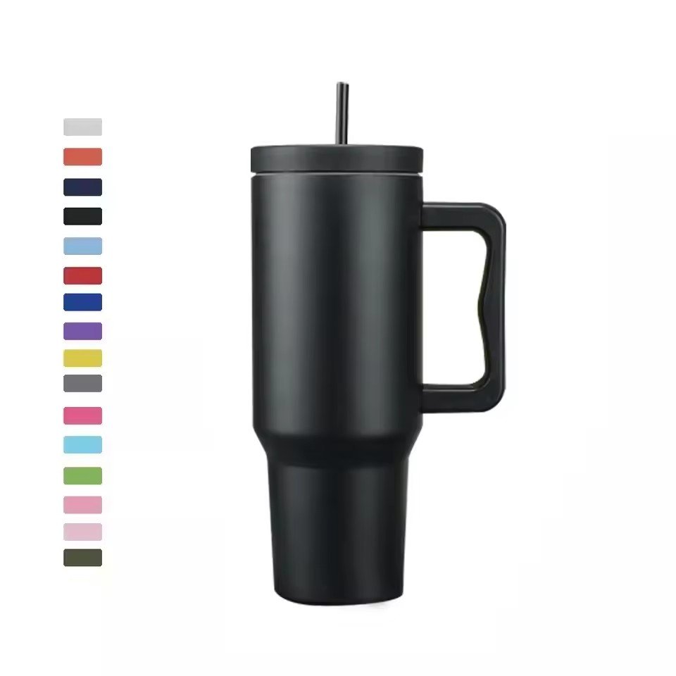 Custom Logo Insulated Vacuum Flask 40oz Stainless Steel Tumbler Outdoor Travel Sports Mug Thermal Cup Water Bottle Handle Straw