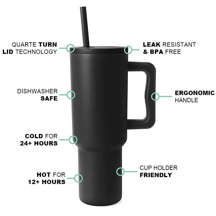 Custom Logo Insulated Vacuum Flask 40oz Stainless Steel Tumbler Outdoor Travel Sports Mug Thermal Cup Water Bottle Handle Straw