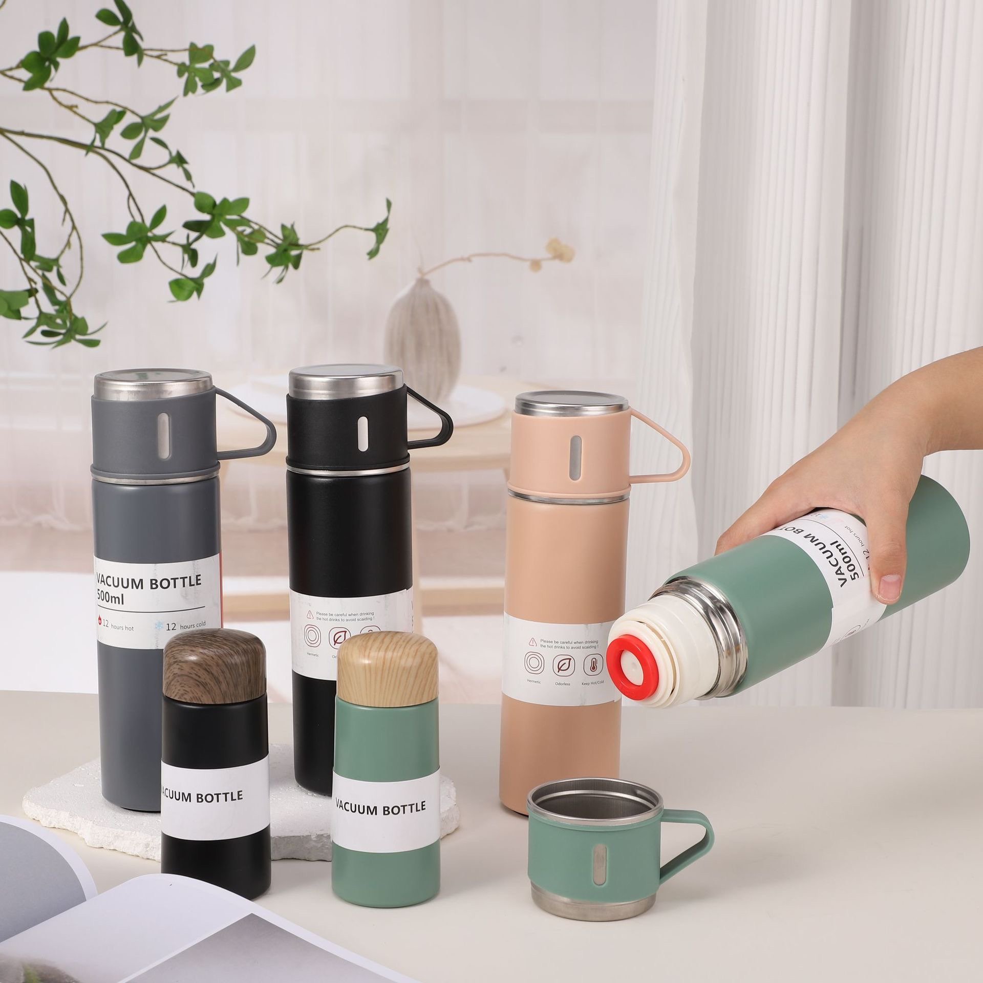 500ML Outdoor Travel Coffee Tea Thermos Vacuum flask stainless steel water bottle gift set With Three Lids