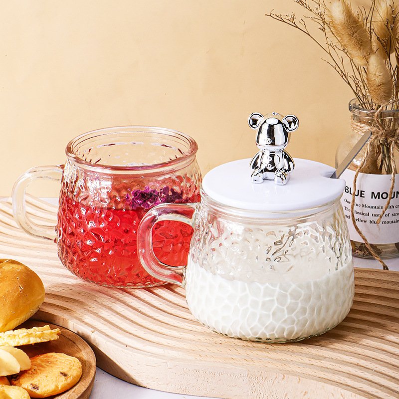 Best Price Cute Hammer Grain Glass Mugs Office Household Drink Water Cups Coffee Teacup with Bear Lid and Spoon
