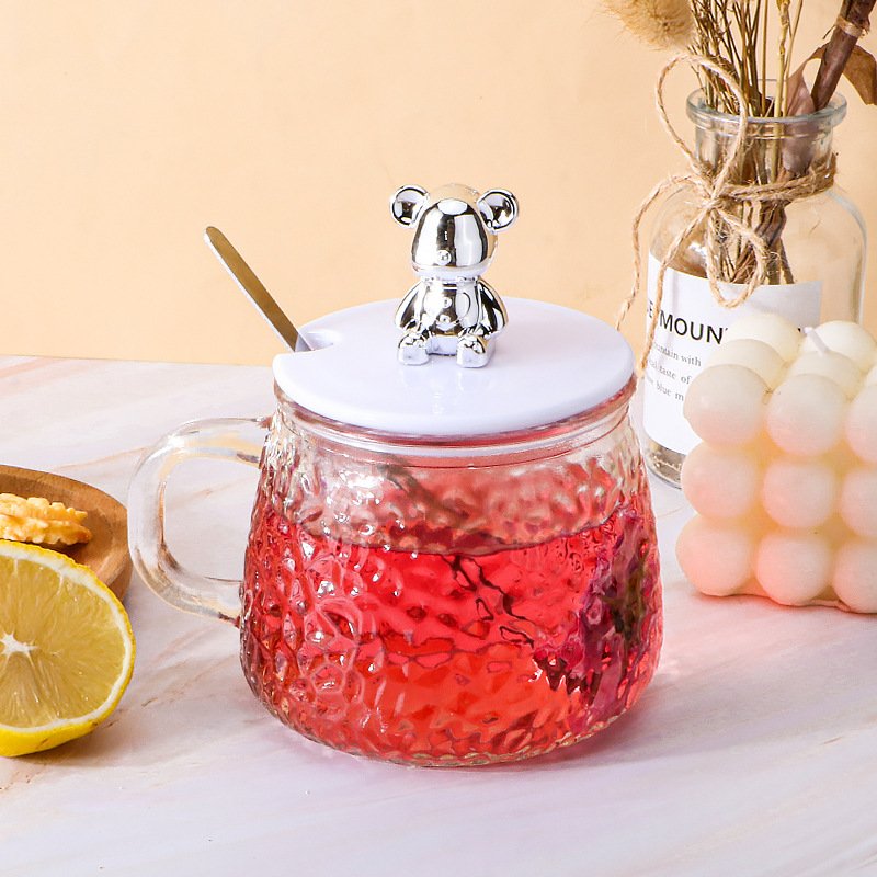 Best Price Cute Hammer Grain Glass Mugs Office Household Drink Water Cups Coffee Teacup with Bear Lid and Spoon