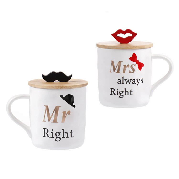 Wholesale Custom Made Stone Pattern Porcelain Custom Coffee Valentine's Mr Mrs Mug With Wooden Lid