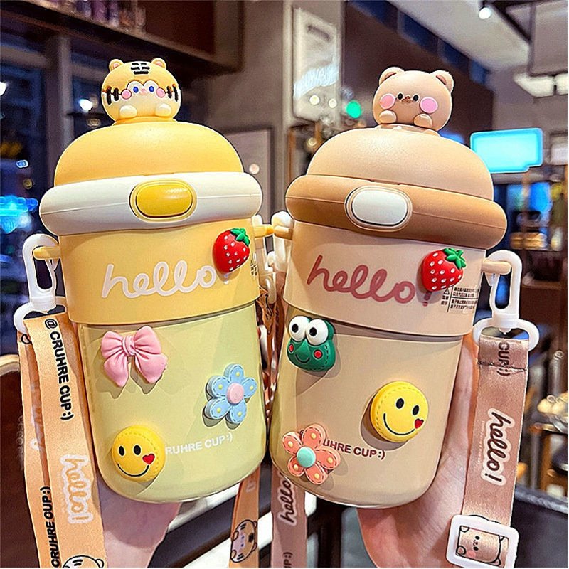 Hot selling 510ML Portable Thermos Cup Cute Rabbit Cartoon Glass Water Bottle Food Grade Drinking Drinking Cup With Straw