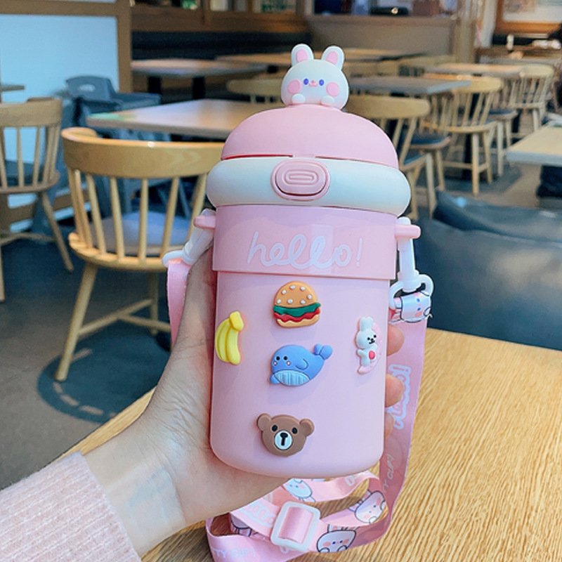 Hot selling 510ML Portable Thermos Cup Cute Rabbit Cartoon Glass Water Bottle Food Grade Drinking Drinking Cup With Straw
