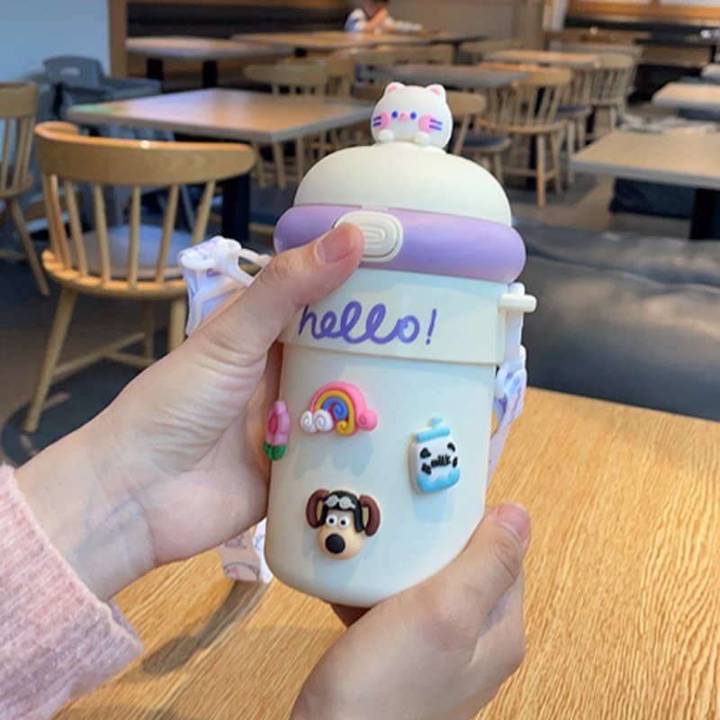 Hot selling 510ML Portable Thermos Cup Cute Rabbit Cartoon Glass Water Bottle Food Grade Drinking Drinking Cup With Straw