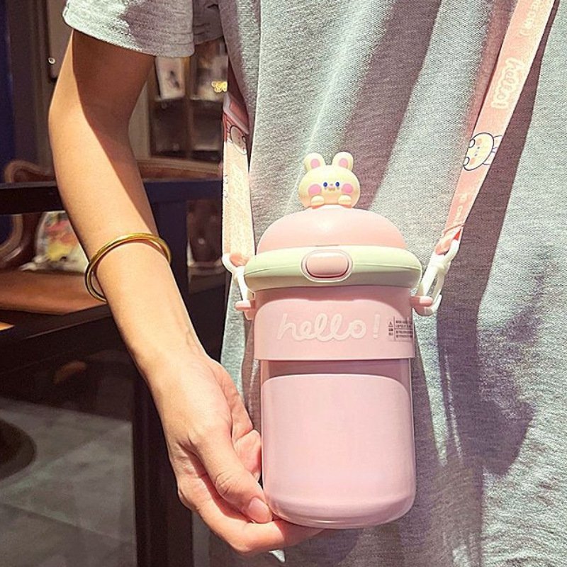 Hot selling 510ML Portable Thermos Cup Cute Rabbit Cartoon Glass Water Bottle Food Grade Drinking Drinking Cup With Straw