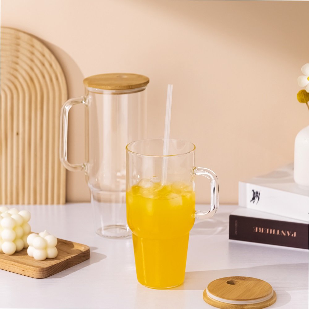 sublimation blanks Clear 40oz Glass Tumbler with Handle and Bamboo lid frosted 32 oz glass Travel mug Water Bottles