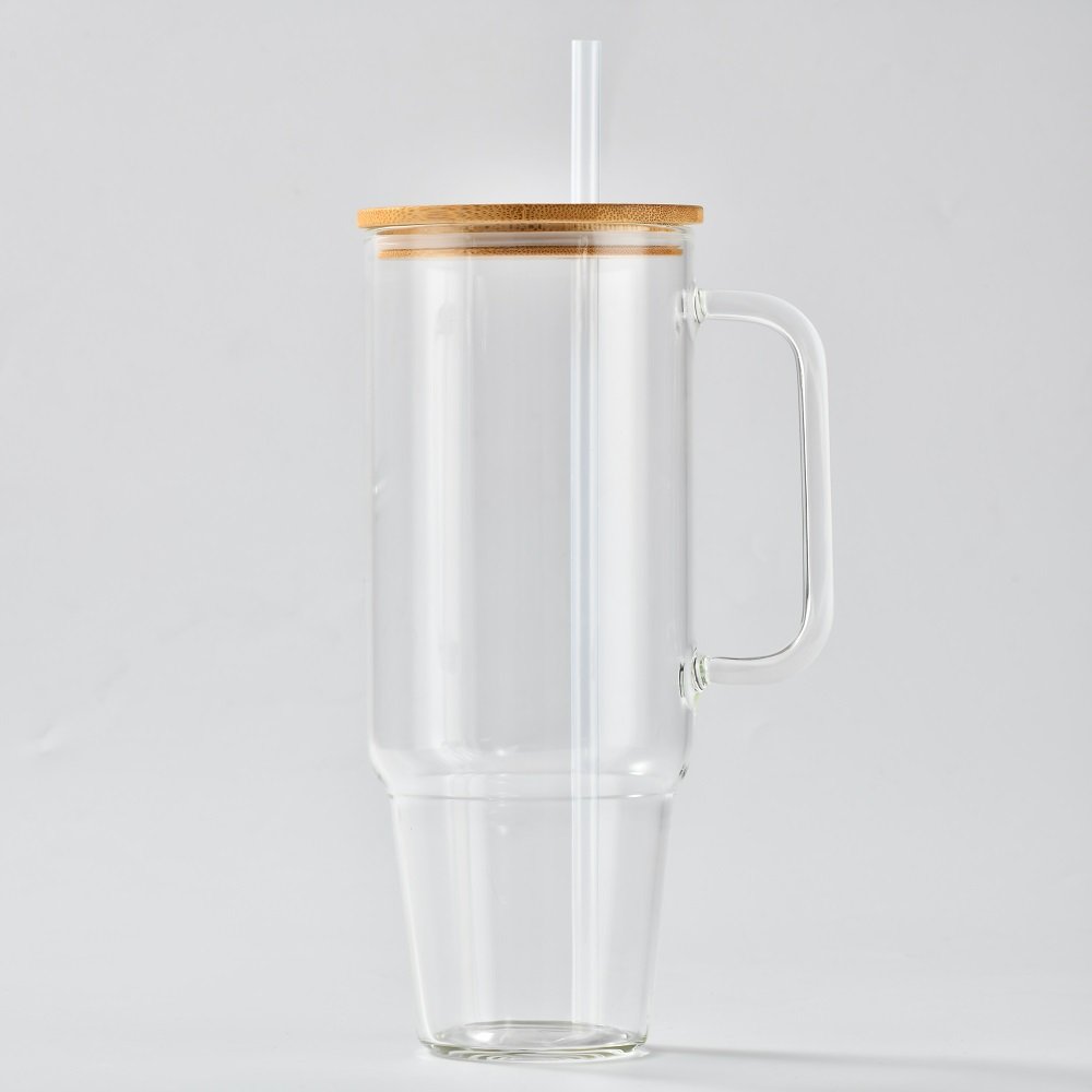 sublimation blanks Clear 40oz Glass Tumbler with Handle and Bamboo lid frosted 32 oz glass Travel mug Water Bottles