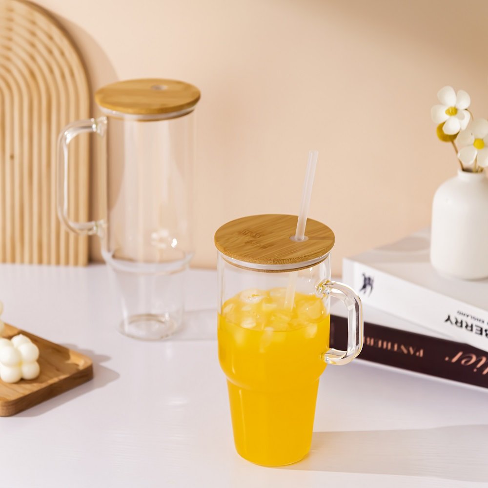 sublimation blanks Clear 40oz Glass Tumbler with Handle and Bamboo lid frosted 32 oz glass Travel mug Water Bottles