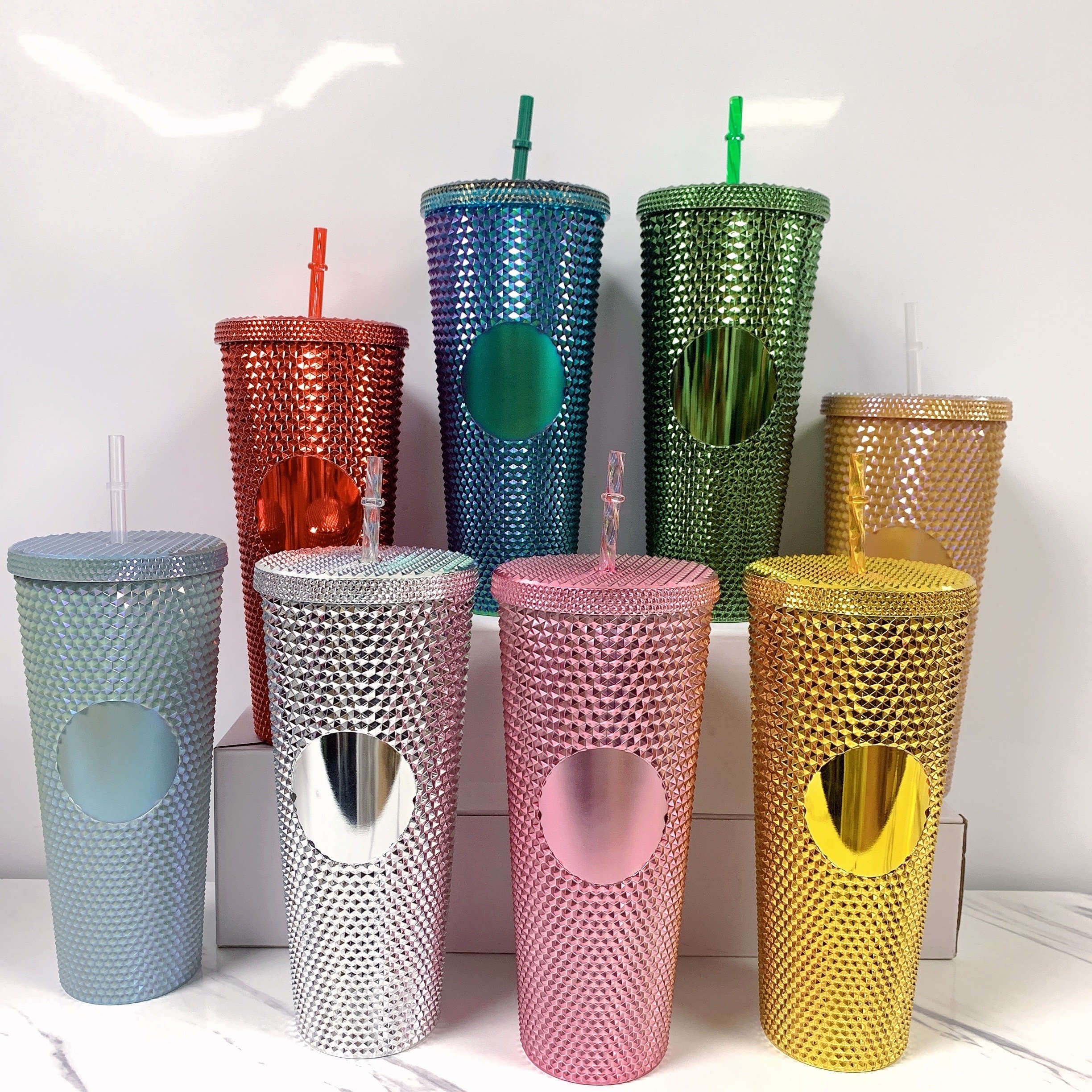 24 OZ Studded Tumbler with lid and straw Double Wall Reusable Textured Venti Cup Drinking Mug BPA Free