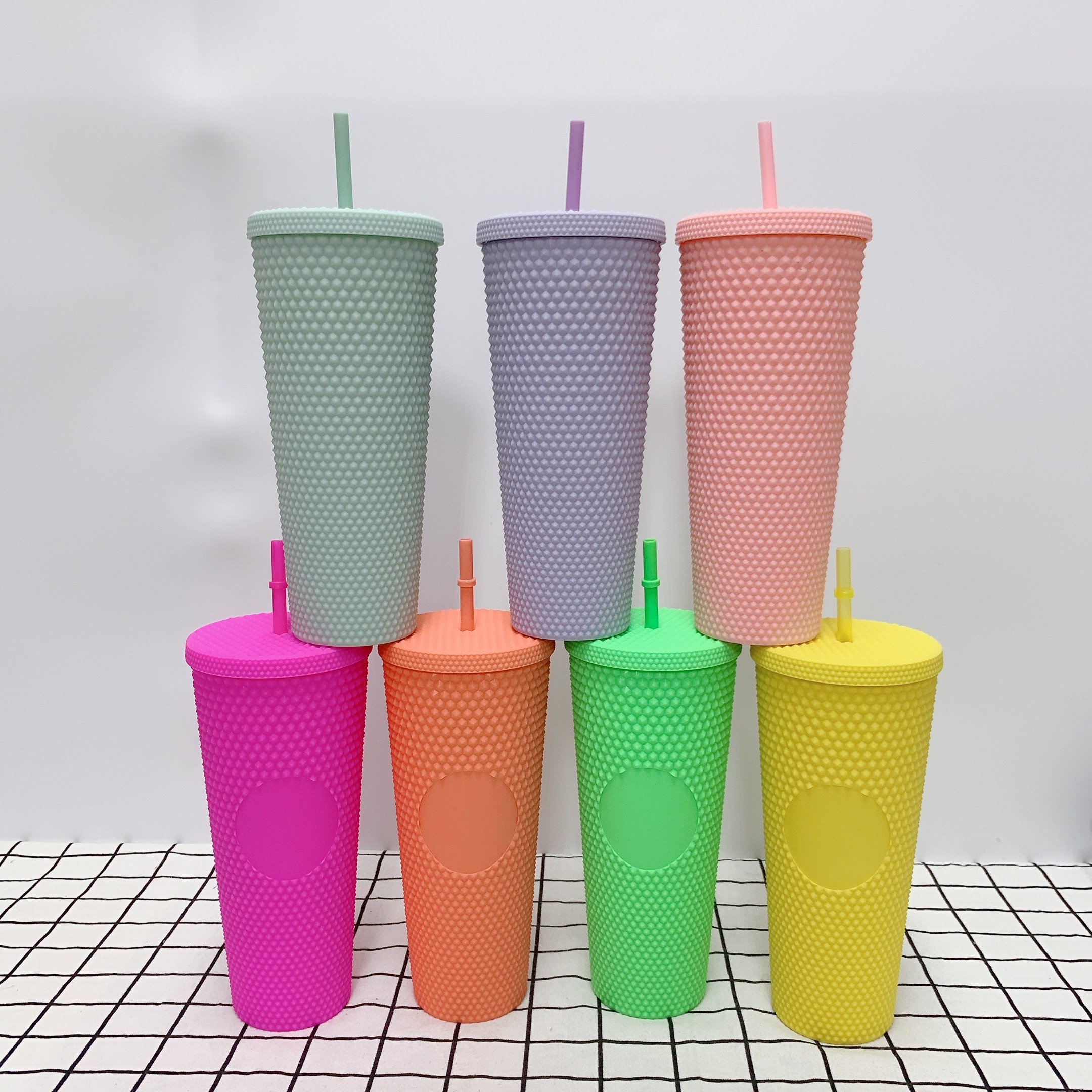 24 OZ Studded Tumbler with lid and straw Double Wall Reusable Textured Venti Cup Drinking Mug BPA Free