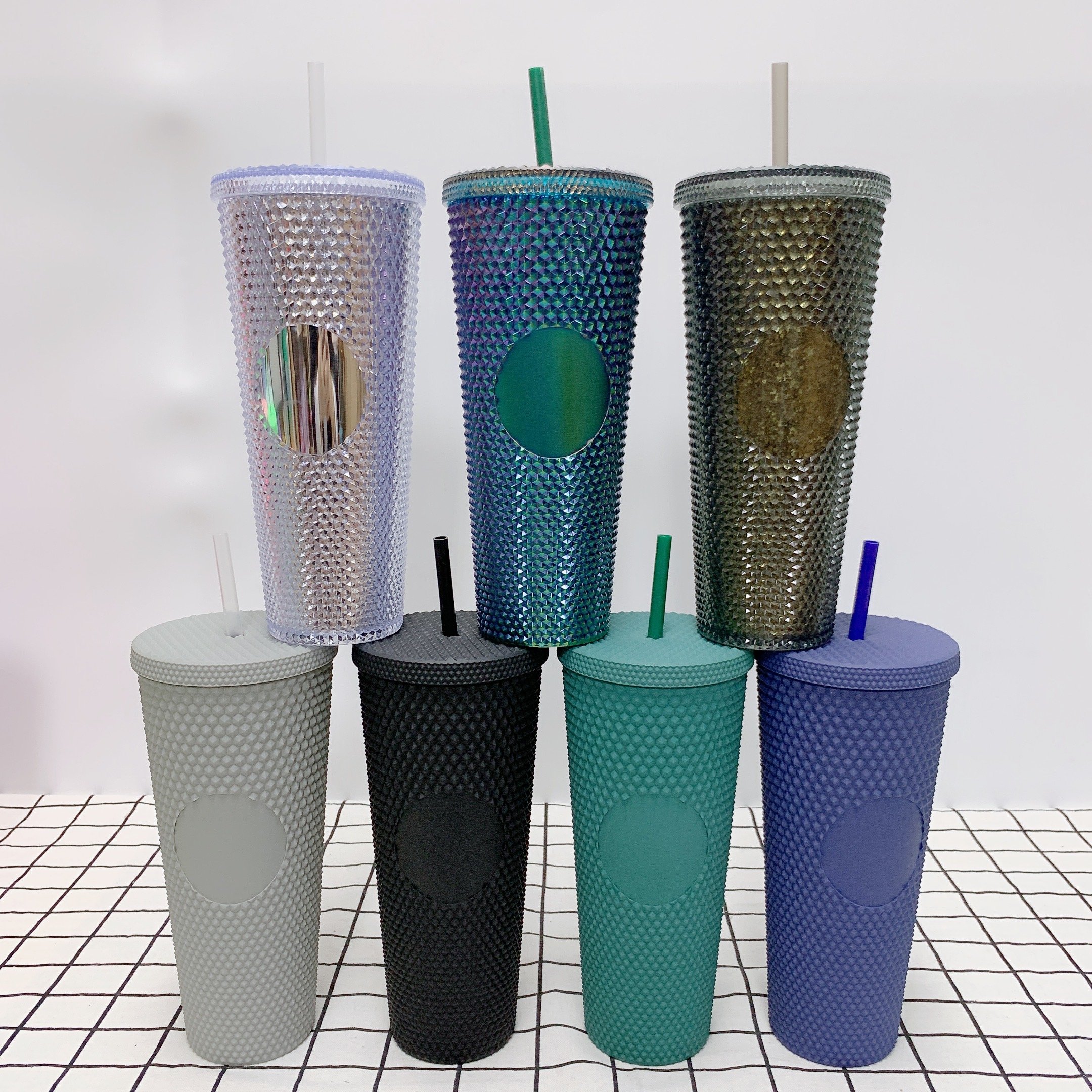 24 OZ Studded Tumbler with lid and straw Double Wall Reusable Textured Venti Cup Drinking Mug BPA Free