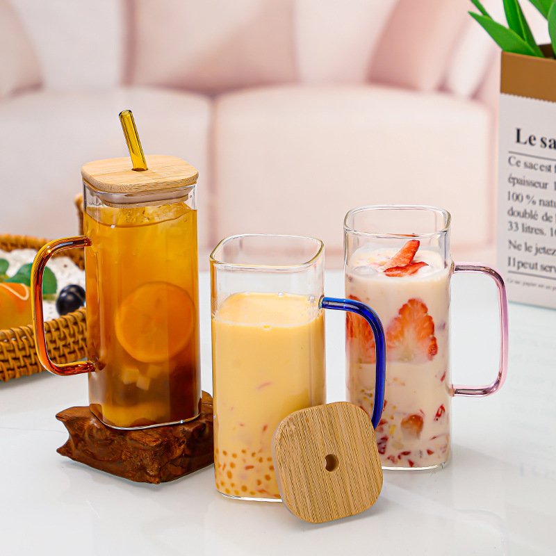 EIPP Direct Selling Square Handle Water Mugs Iced Coffee Cup Beer Glass Logo Tumbler with Bamboo Top Straw