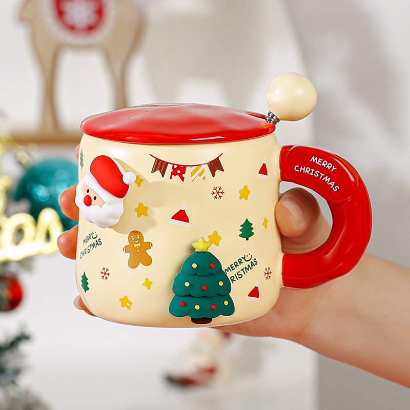 Magnetic Christmas Mug With Cover Spoon Cute Ceramic Water Cup For Girls Cartoon Office Couple Cup