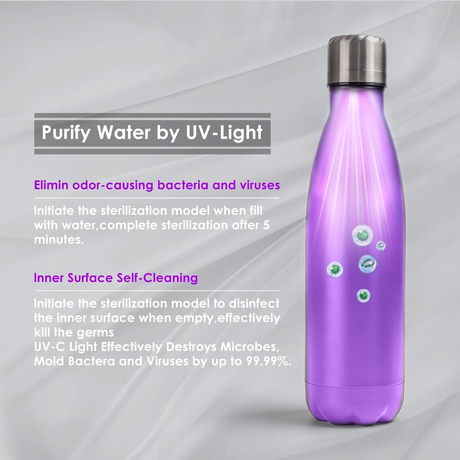 New Arrival 500 Ml UV Water Bottle Cola Shaped Stainless Steel Vacuum Flask Healthy Self-Cleaning