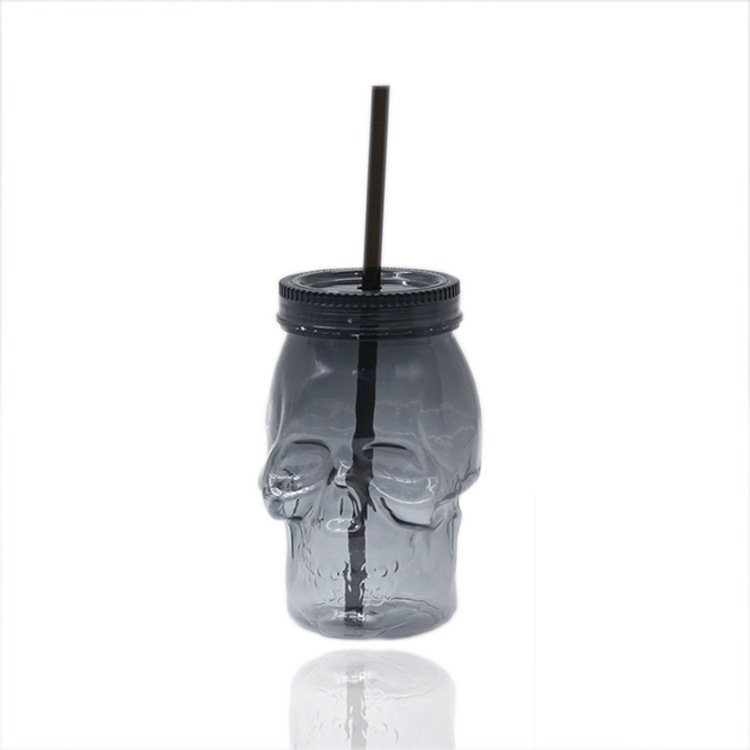 16 OZ Plastic Skull Mason Drinking Mugs Tumbler Cup with Straws Fashioned Jar Drinking for Beverage Brandy Liquor Jello