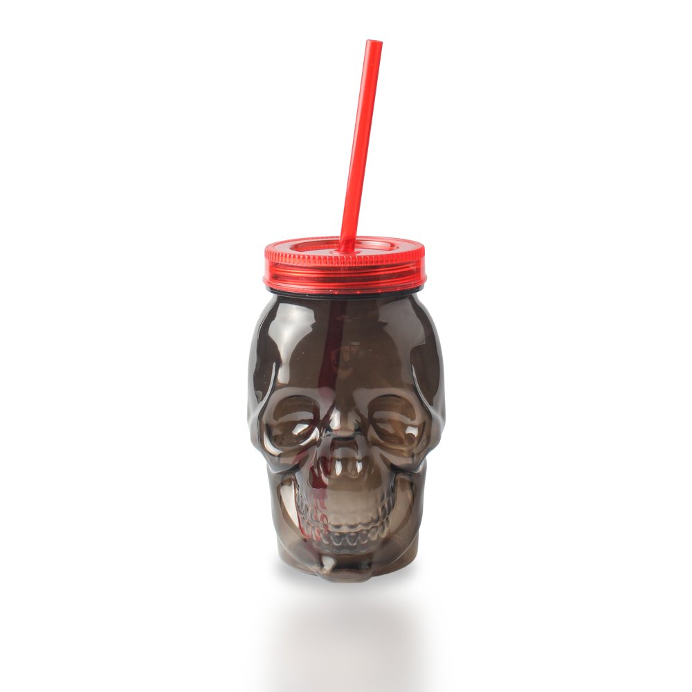 16 OZ Plastic Skull Mason Drinking Mugs Tumbler Cup with Straws Fashioned Jar Drinking for Beverage Brandy Liquor Jello