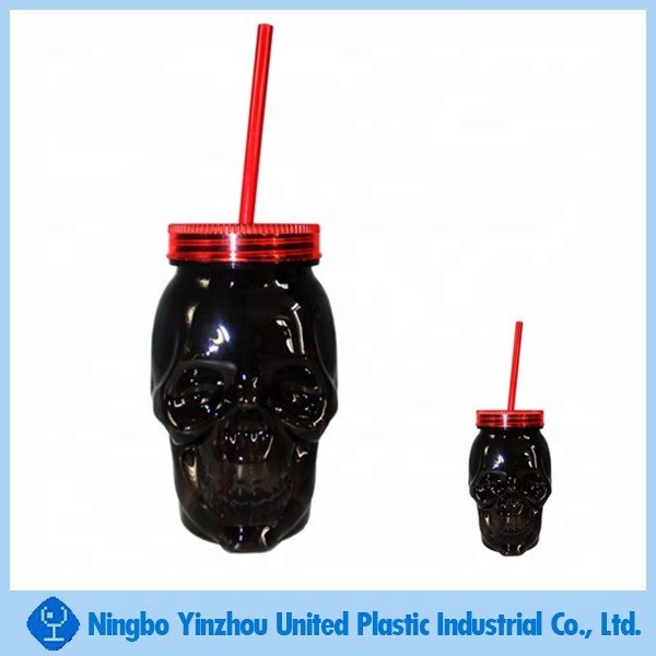 16 OZ Plastic Skull Mason Drinking Mugs Tumbler Cup with Straws Fashioned Jar Drinking for Beverage Brandy Liquor Jello