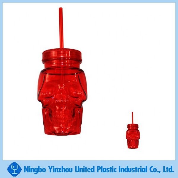 16 OZ Plastic Skull Mason Drinking Mugs Tumbler Cup with Straws Fashioned Jar Drinking for Beverage Brandy Liquor Jello