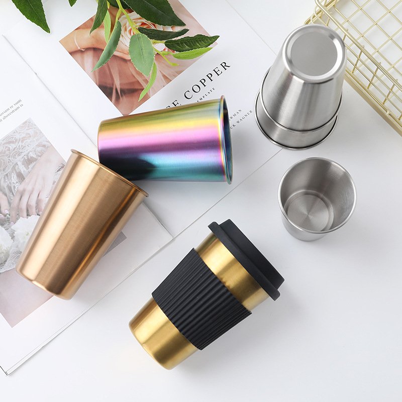 wholesale custom gold copper black printing metal camp travel coffee tea beer cup stainless steel mugs
