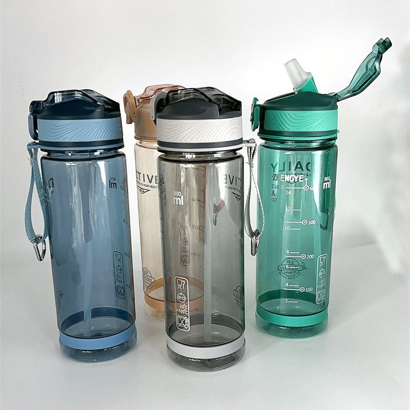 800ml Sports Water Bottle Free Men Drinkware Plastic PC Transparent with Straw for Camping Hiking Outdoor Adults Sustainable
