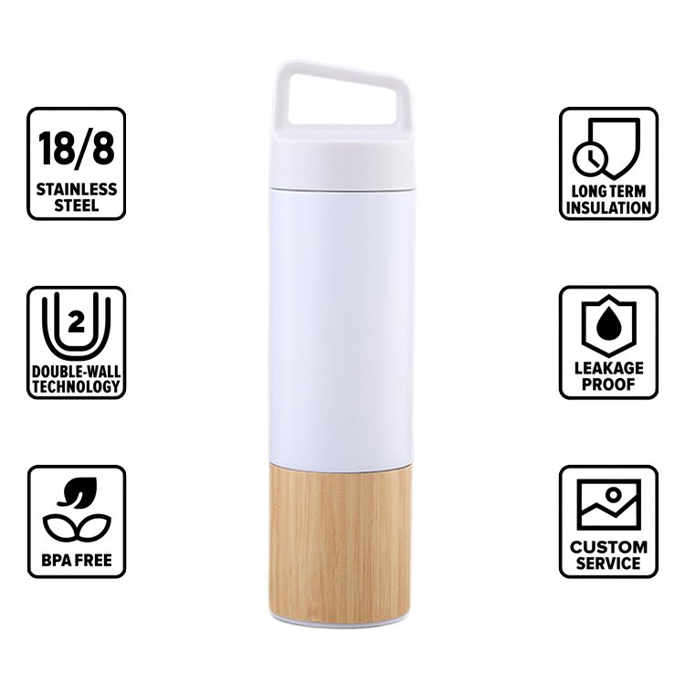 Eco-friendly vacuum flask insulated stainless steel water bottles with bamboo bottom new products customized logo & color