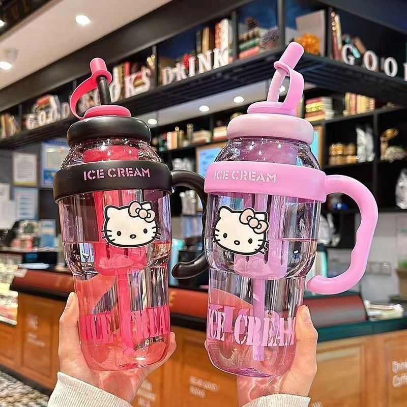 Large Capacity Cartoon Kitty Kids Plastic Water Straw Drink Cup Portable Kawaii Ice Water Bottle Coffee Mug Girls Gifts