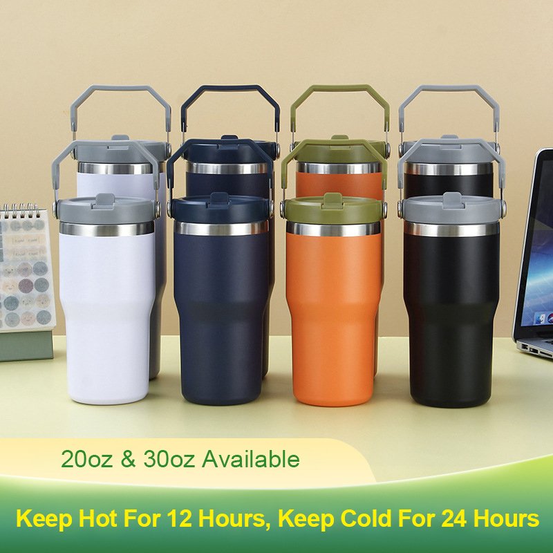 Stainless Steel Tumbler with Handle Vacuum Insulated Mug Cup 20 oz 30 oz Reusable Cup with Straw Lid