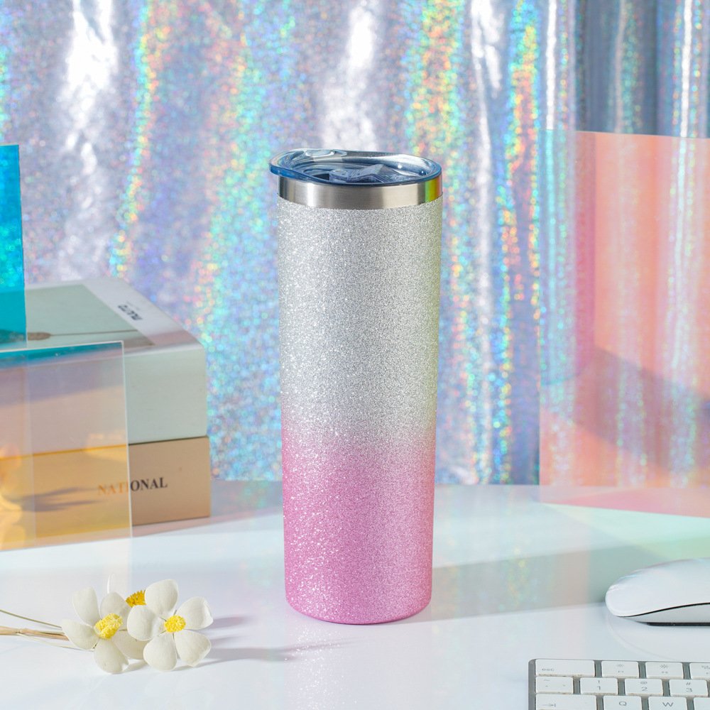 20oz Glitter Straight Skinny Tumbler With Lid Straw Stainless Steel Slim Travel Vacuum Water Bottle Cup For Hot Cold Drink