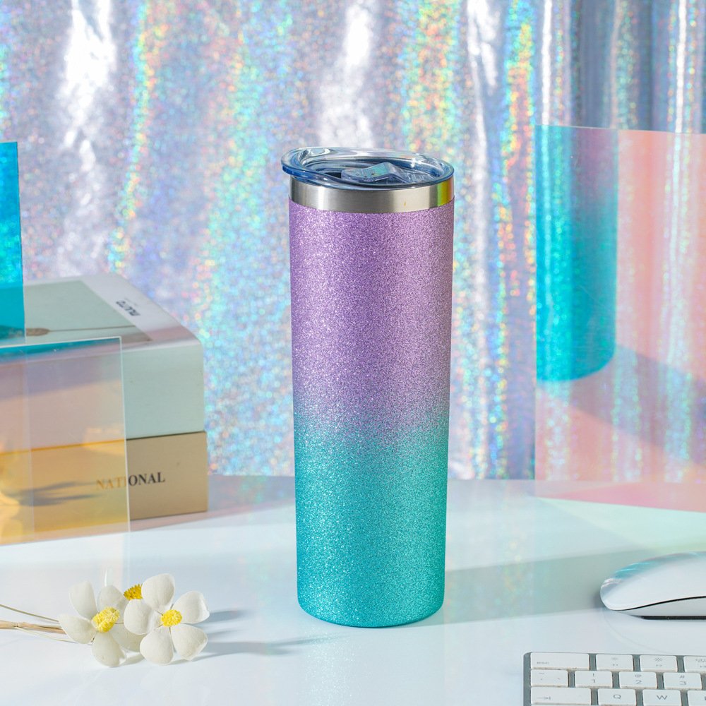 20oz Glitter Straight Skinny Tumbler With Lid Straw Stainless Steel Slim Travel Vacuum Water Bottle Cup For Hot Cold Drink