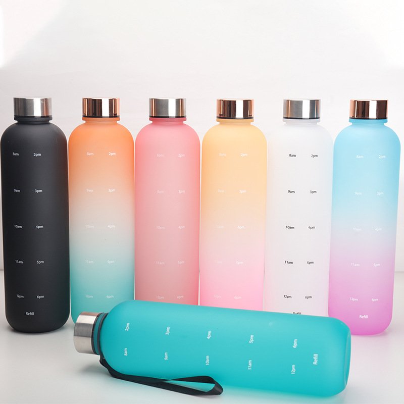 Frosted Plastic 1000ml Leakproof BPA Free Sport 1 Liter Reusable Water Bottles with Time Marker