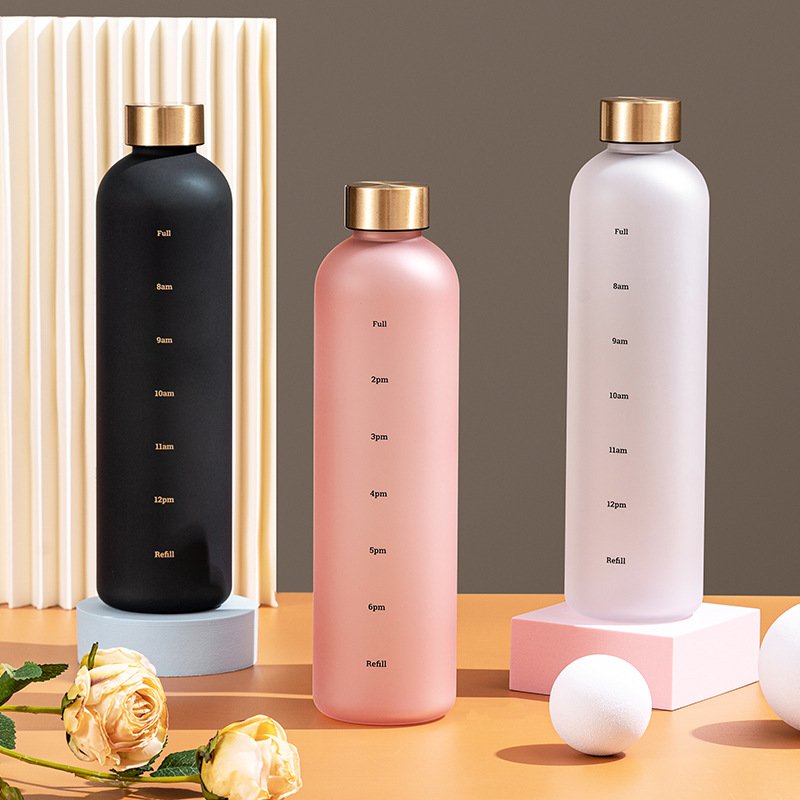 Frosted Plastic 1000ml Leakproof BPA Free Sport 1 Liter Reusable Water Bottles with Time Marker