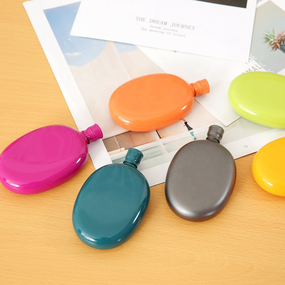 HEESUNG 3oz Mini Oval Portable Stainless Steel Hip Flask Candy-Colored Travel Flagon for Wine and Whisky