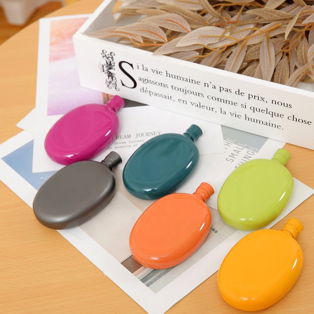 HEESUNG 3oz Mini Oval Portable Stainless Steel Hip Flask Candy-Colored Travel Flagon for Wine and Whisky