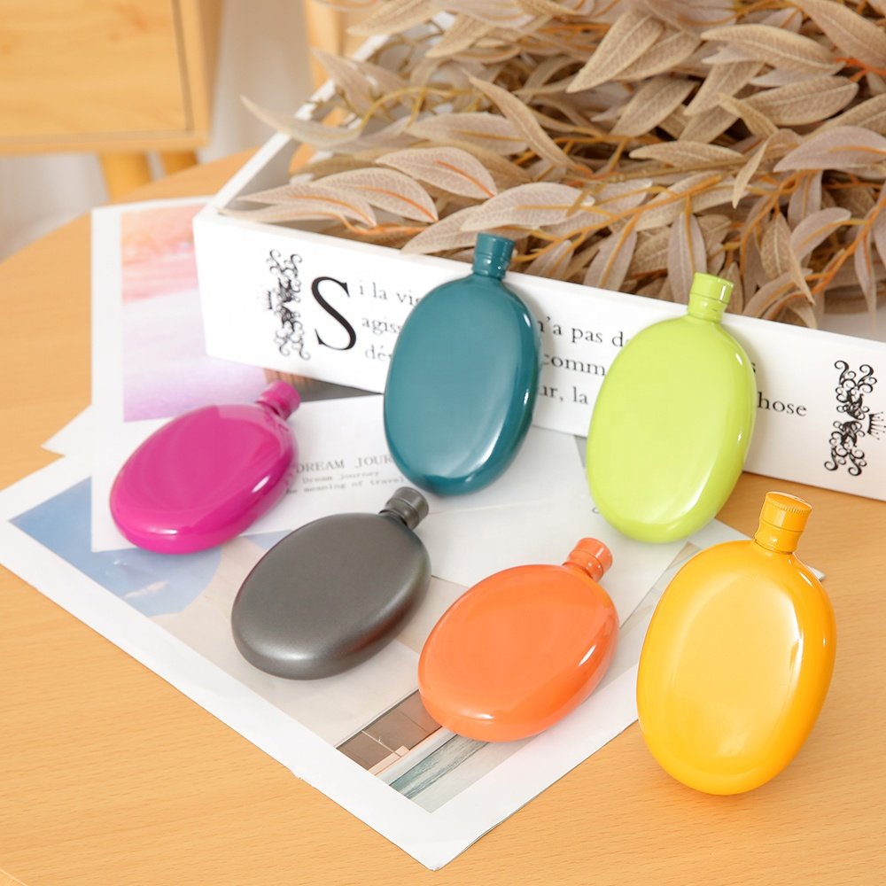 HEESUNG 3oz Mini Oval Portable Stainless Steel Hip Flask Candy-Colored Travel Flagon for Wine and Whisky