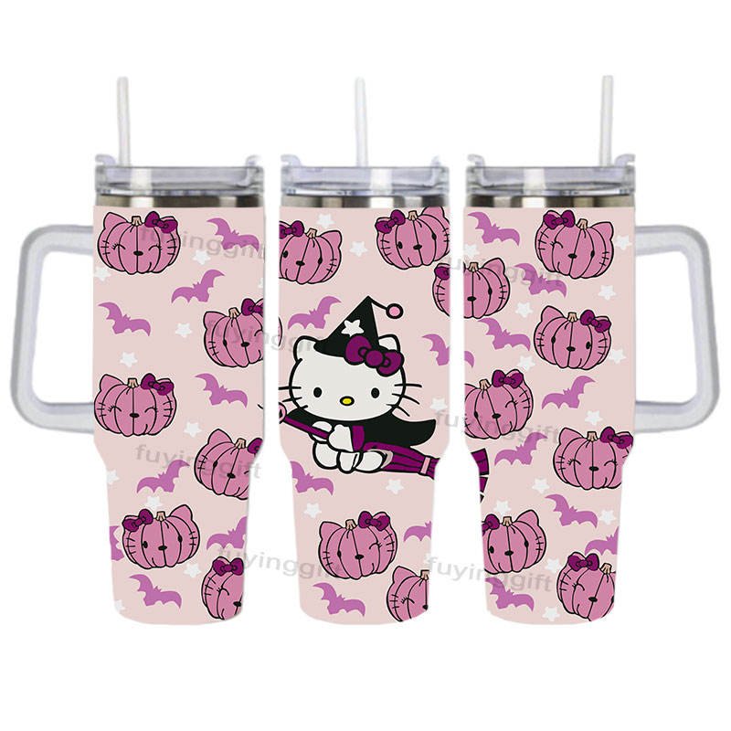 New design 40oz Cheap Custom Cartoon Kitty Halloween Cup Stainless Steel Vacuum Insulation Travel Mug Portable With Handle