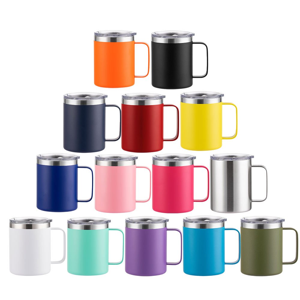 Custom logo 12oz 14oz 16oz stainless steel double wall insulated white oem patterns travel camping mug with handle