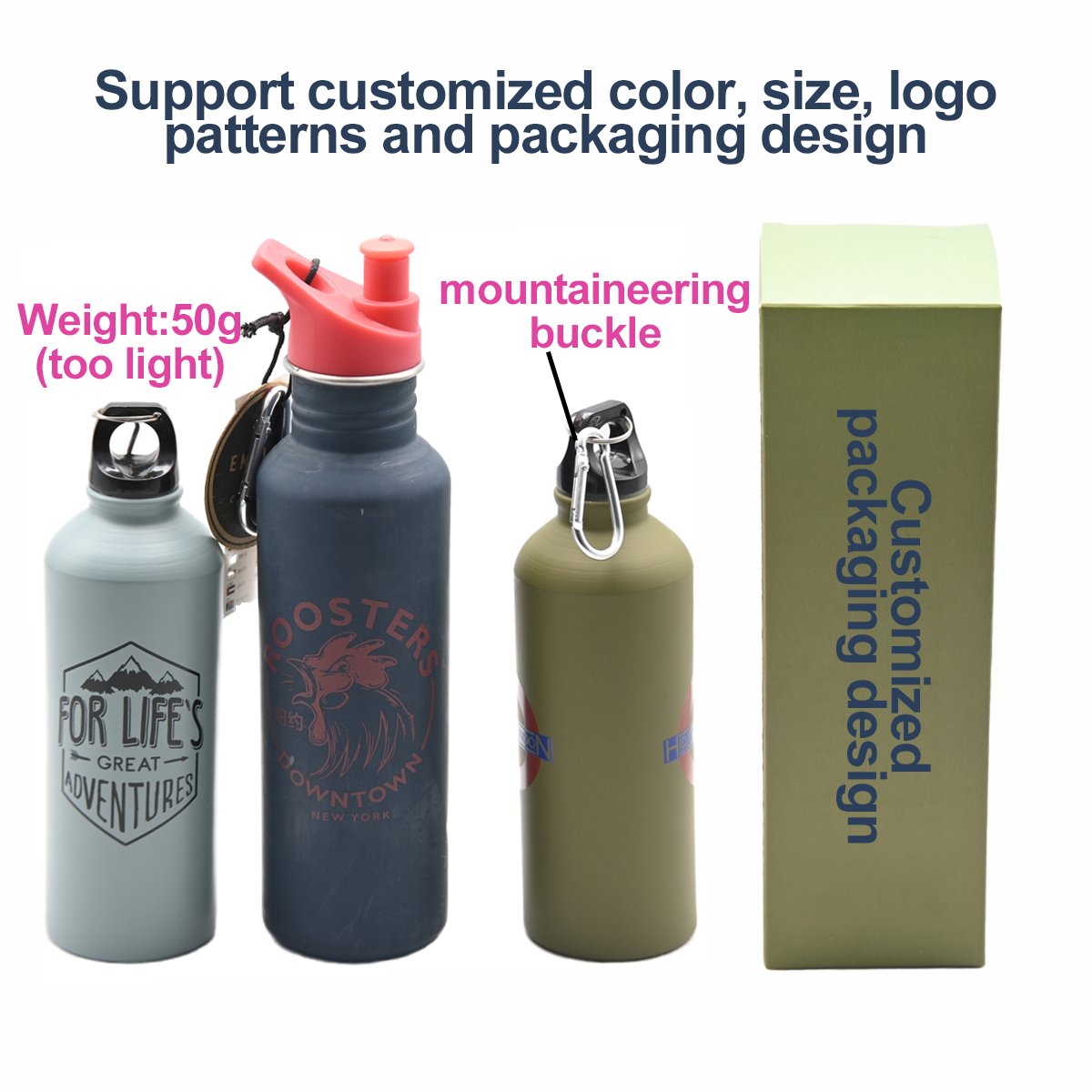 Recycled Aluminum metal logo custom 500ml 750ml outdoor drink cycling camping thermal bicycle water bottle with carabiner