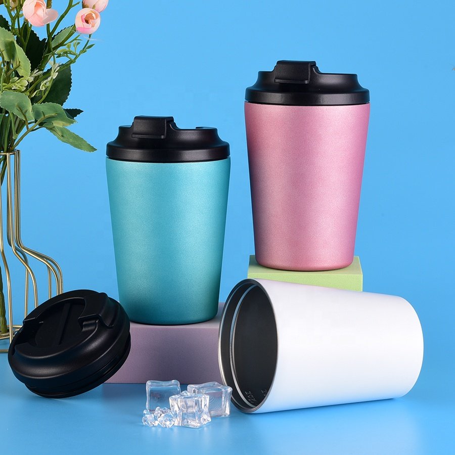 Double Wall Coffee Travel Thermal Insulated Mugs 304 Stainless Steel Matt Black Coffee Mug With Lid