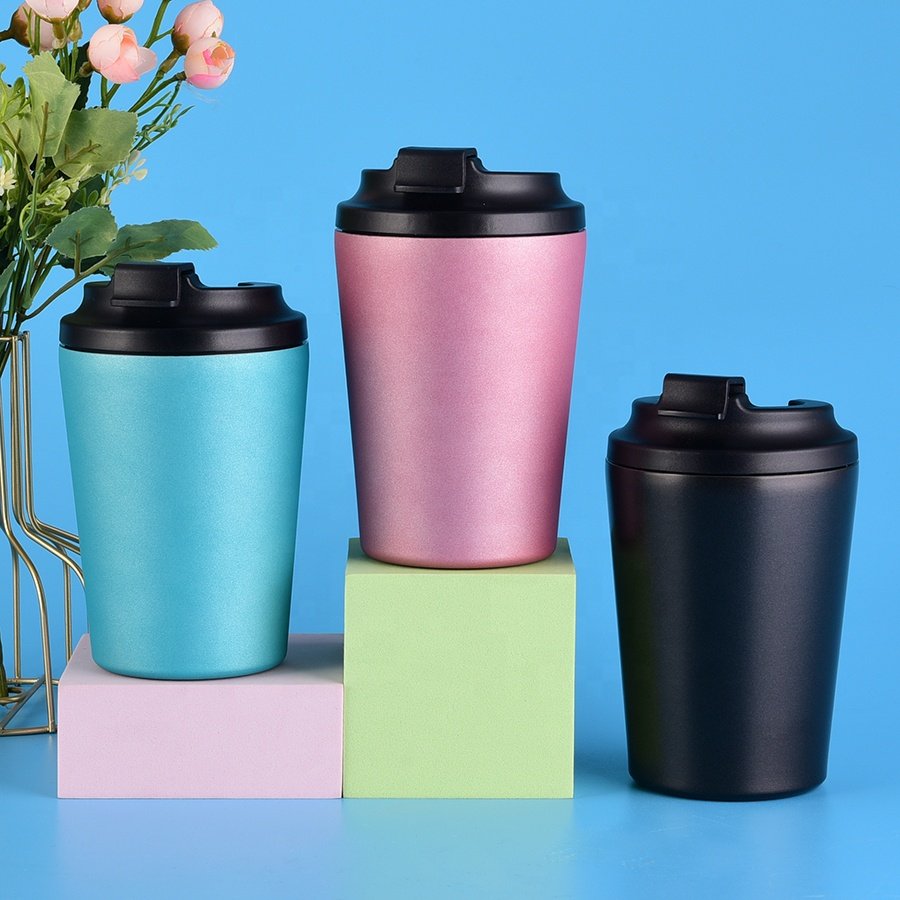 Double Wall Coffee Travel Thermal Insulated Mugs 304 Stainless Steel Matt Black Coffee Mug With Lid
