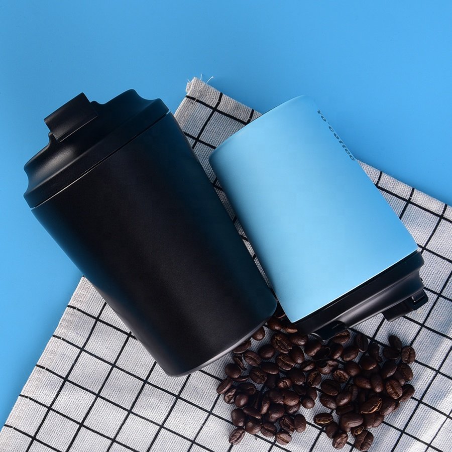 Double Wall Coffee Travel Thermal Insulated Mugs 304 Stainless Steel Matt Black Coffee Mug With Lid