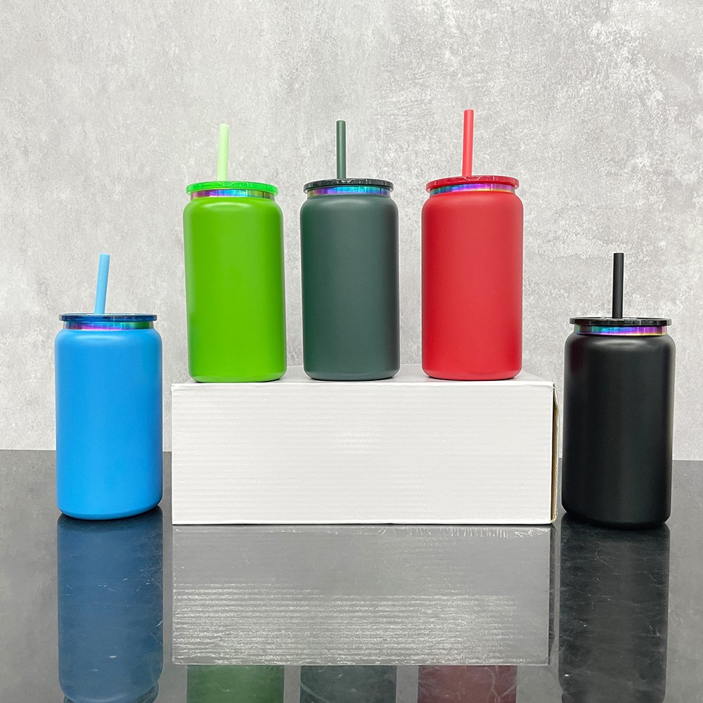 RTS 16oz red green powder rainbow gold plated laser engraved vacuum insulate metal soda can cup tumbler mug for iced coffee pop