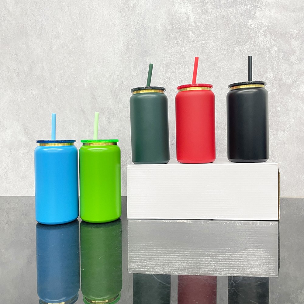 RTS 16oz red green powder rainbow gold plated laser engraved vacuum insulate metal soda can cup tumbler mug for iced coffee pop