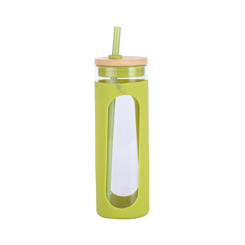 custom clear borosilicate glass water bottles glass coffee tumbler cups with silicone sleeve wood lid and straw