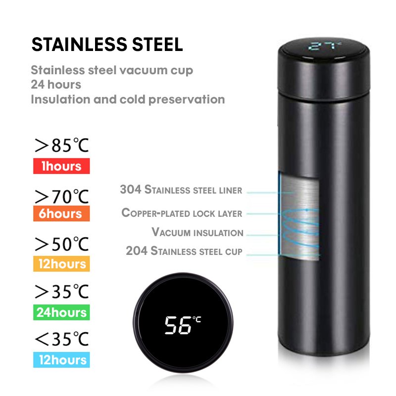 500ml Double Wall Insulated Custom Logo Vacuum Flask Smart Thermos Water Bottle with Led Temperature Display