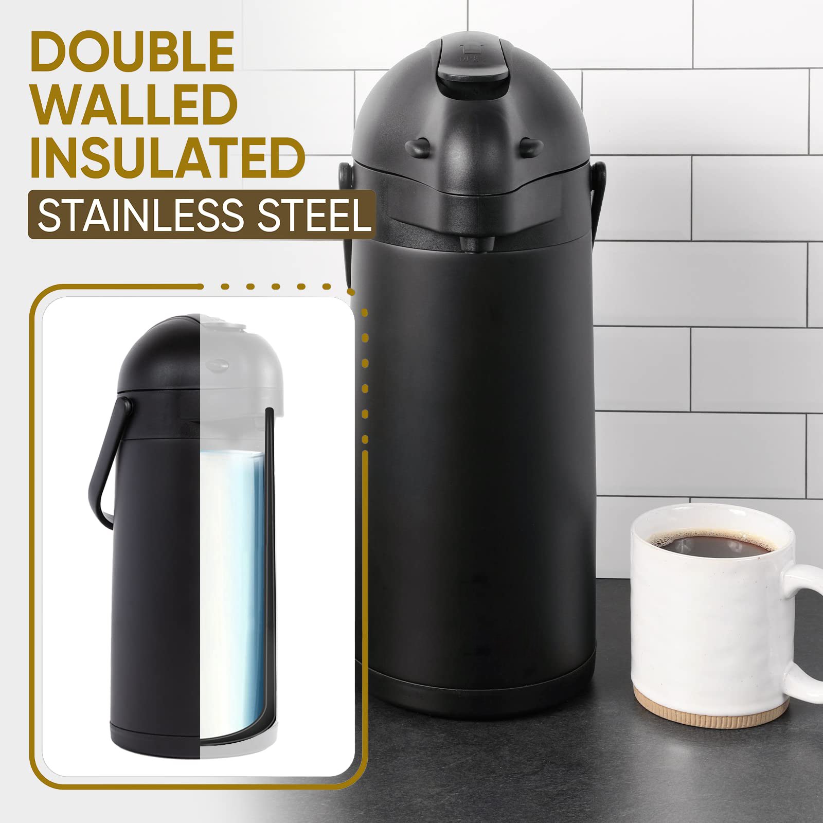 Manufacturer High Quality 5l 3l 2.5l Black Double Wall Stainless Steel Coffee Thermos / Vacuum Flask / Airpot / Carafe
